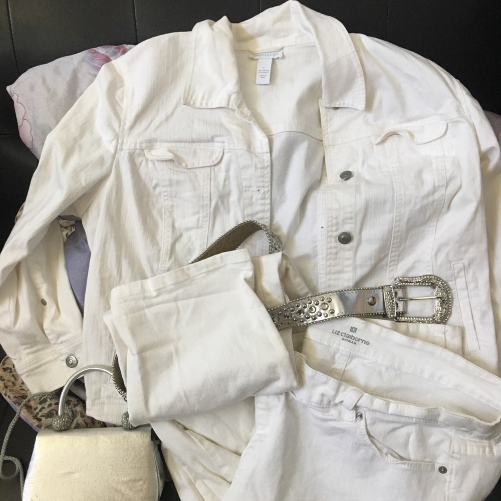 Jean Jacket white with Sliver Rhinestone belt
